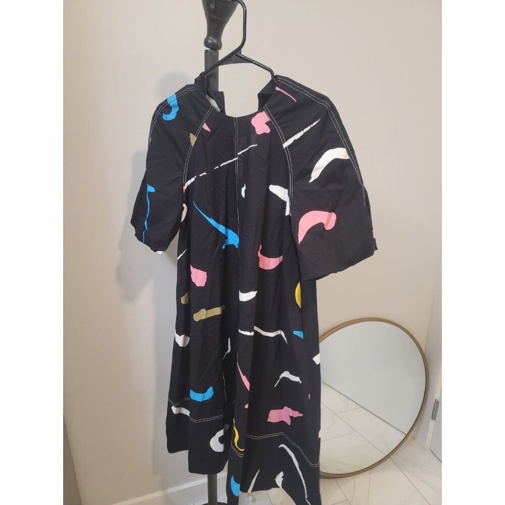 Lovebirds Midi Dress M Black printed abstract puff sleeve event party Summer